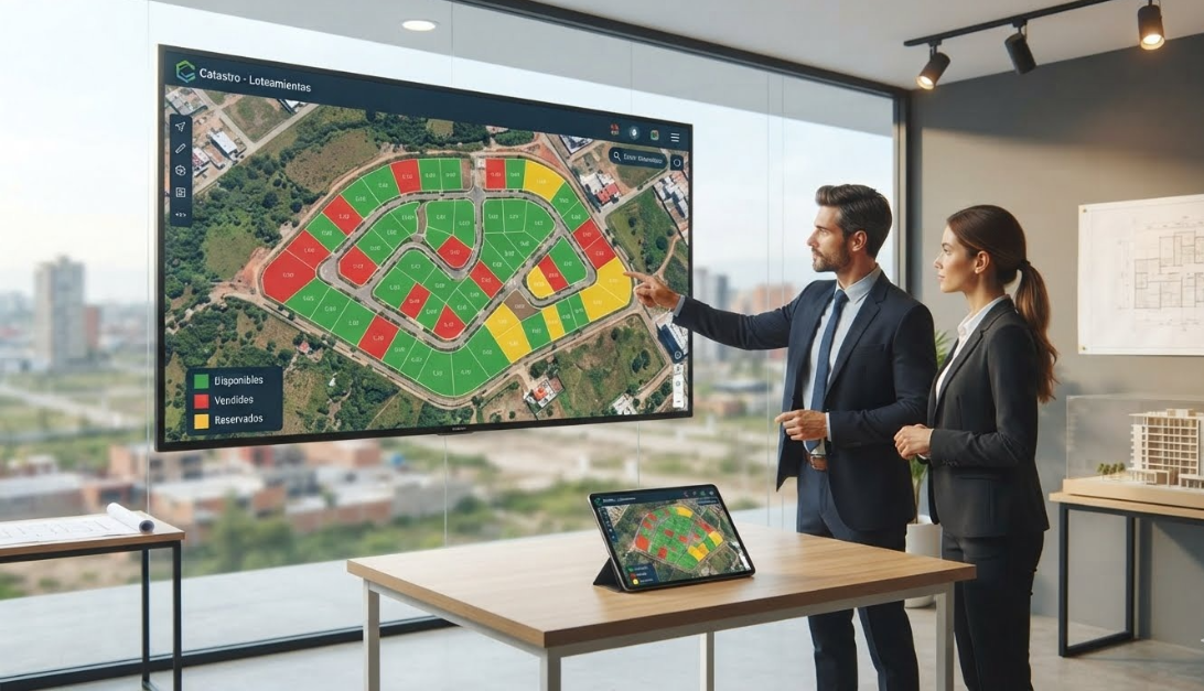 Oficina inmobiliaria con Smart TV mostrando el mapa de Catastro
